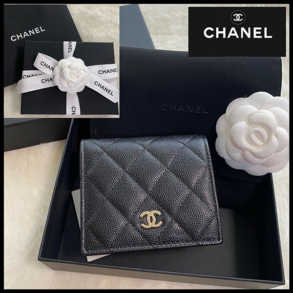 人気【CHANEL】キャビアスキンミニウォレット ミニ財布 新品未使用】CHANEL三つ折り財布 キャビアスキン ライトグレー