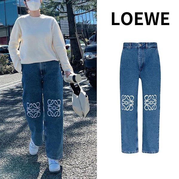 ロエベ パンツ アナグラム デニム フリンジ ロールアップ ジーンズ  