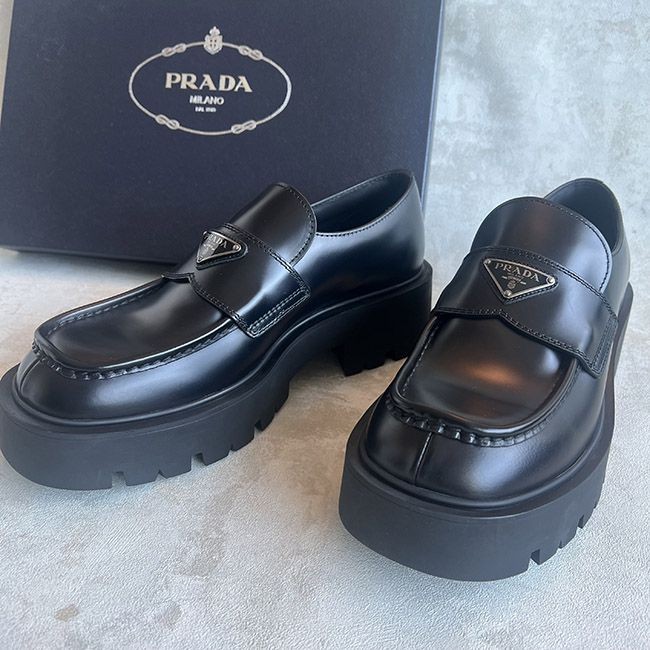 【新品・未使用】PRADA ブラックレザー ローファー 厚底